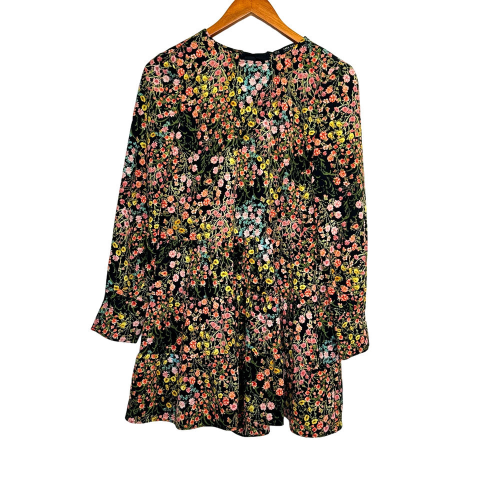 Zara Dress Long Sleeve Floral Black Flowers Tie Back‎ Size XS